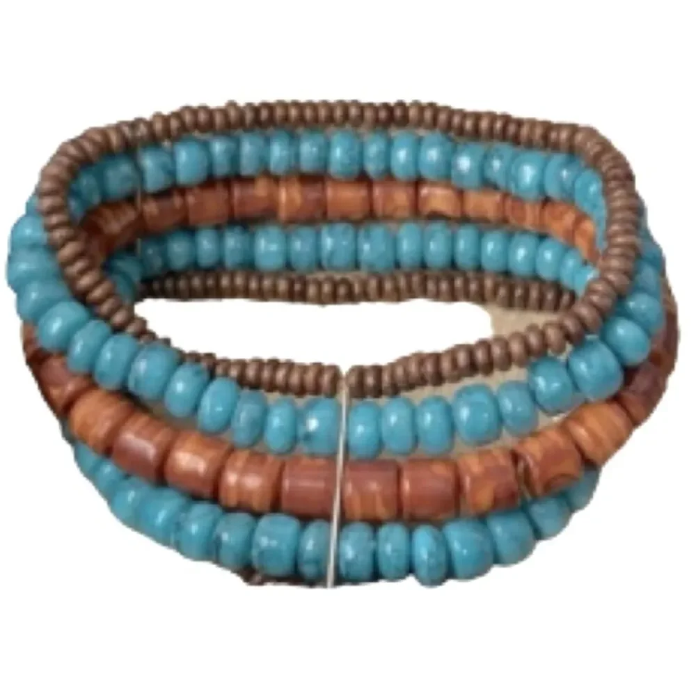 Indian Aztec Wooden Beaded Bracelet Teal Turquoise Brown Metal Stretch